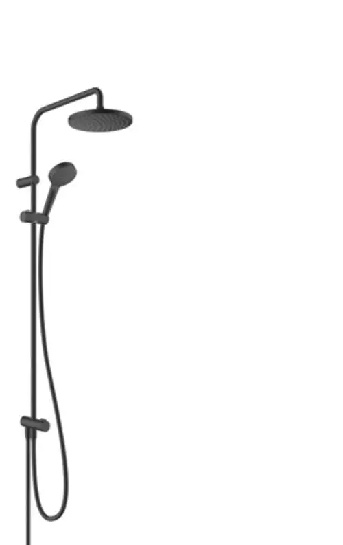 Hansgrohe Duschsystem mit overhead Dusche, Handbrause und flexibler Schlauchführung. Schwarze Oberfläche, geeignet für Wandmontage.